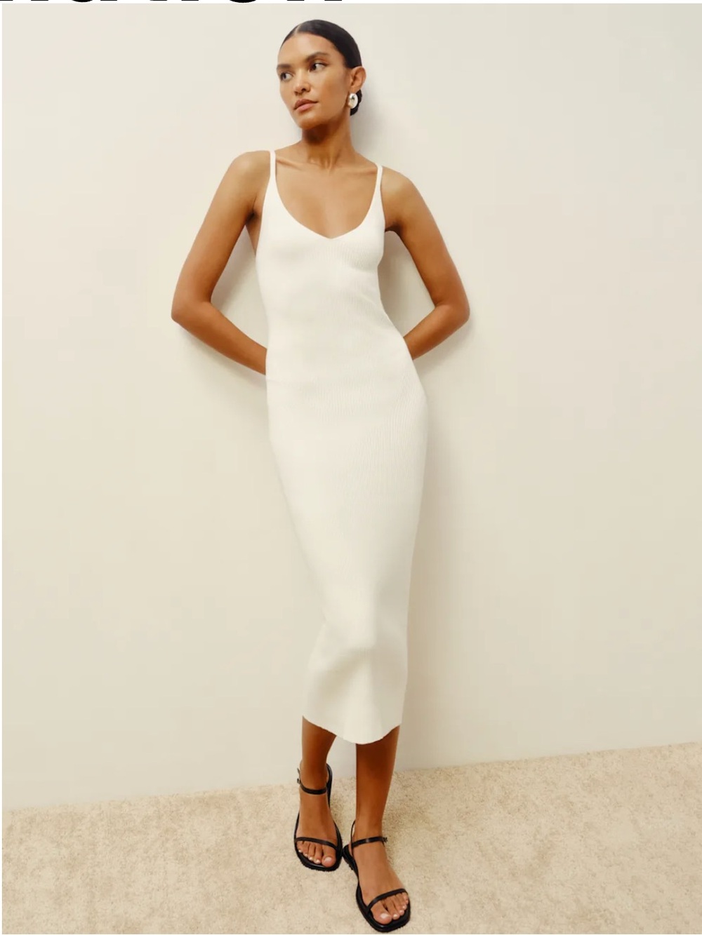 Reformation Cotton Cream Ribbed Slip Midi Dress